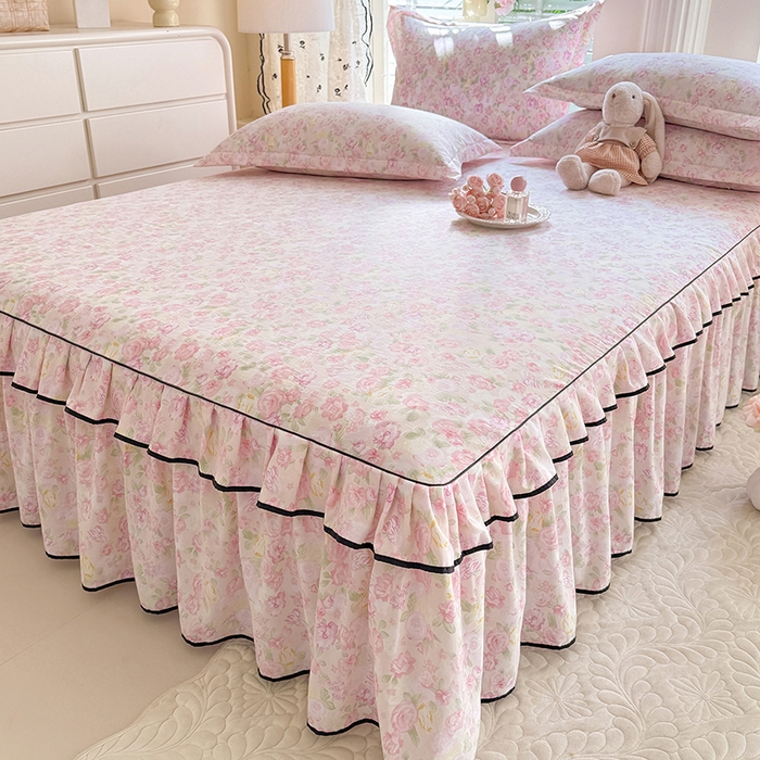 91家纺网 家纺一手货源 找家纺 （总）优家居 2026新款A类水洗棉床裙四件套皱皱纱韩版公主风花边床罩直播爆款外贸定制