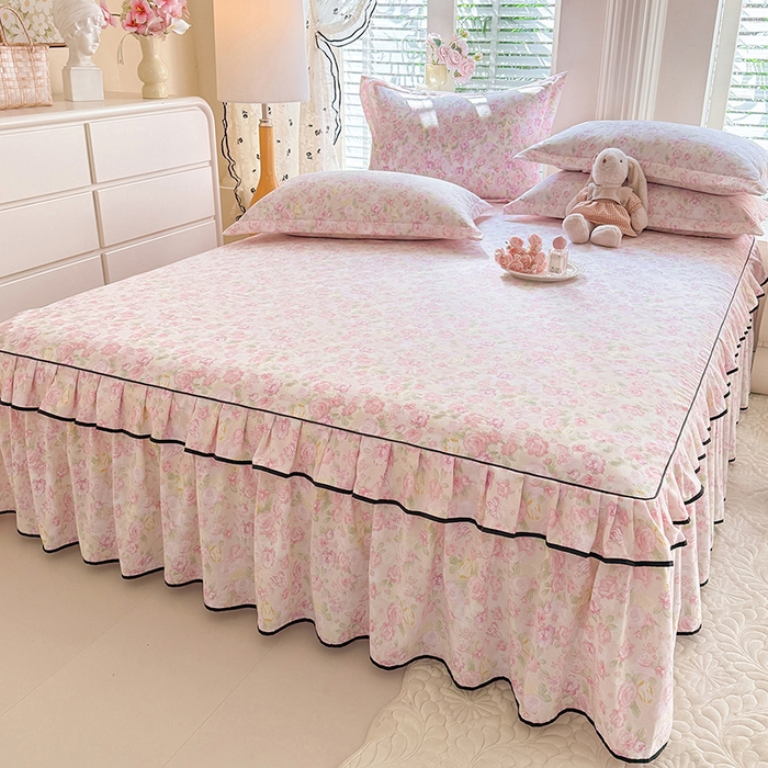 91家纺网 家纺一手货源 找家纺 （总）优家居 2026新款A类水洗棉床裙四件套皱皱纱韩版公主风花边床罩直播爆款外贸定制