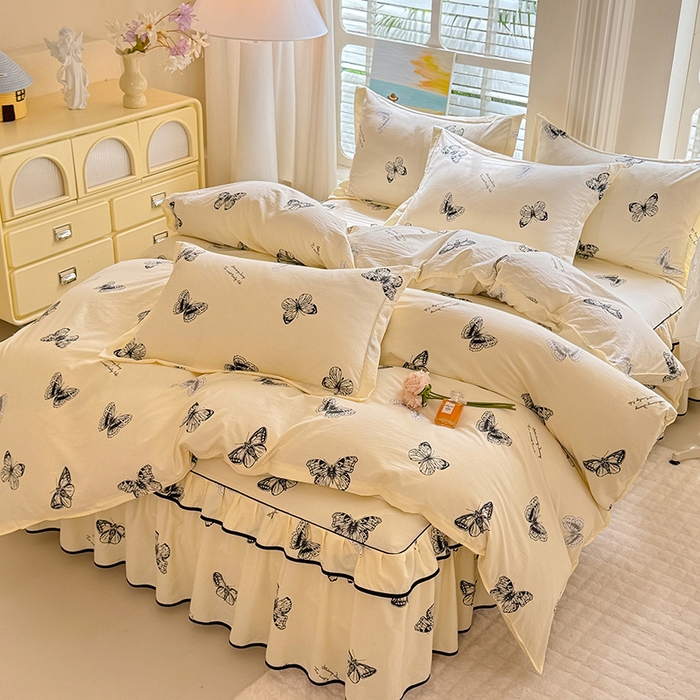 91家纺网 家纺一手货源 找家纺 （总）优家居 2026新款A类水洗棉床裙四件套皱皱纱韩版公主风花边床罩直播爆款外贸定制