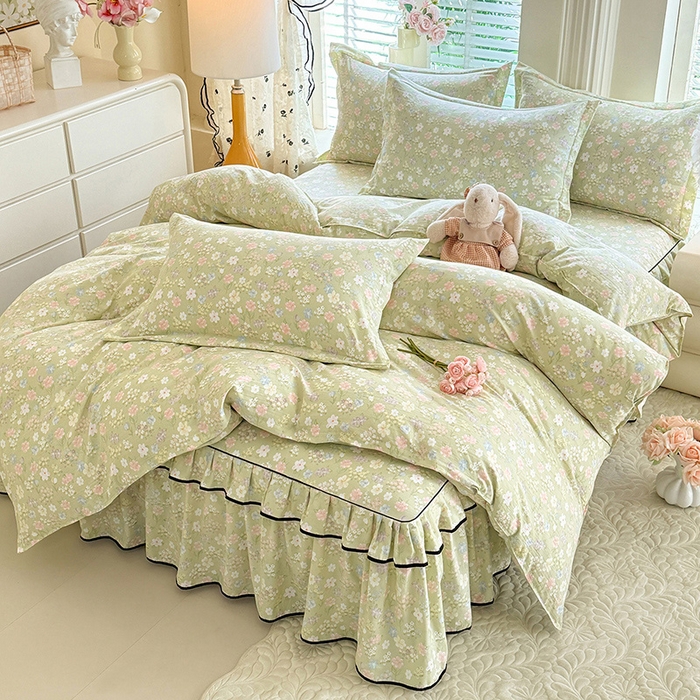 91家纺网 家纺一手货源 找家纺 （总）优家居 2026新款A类水洗棉床裙四件套皱皱纱韩版公主风花边床罩直播爆款外贸定制