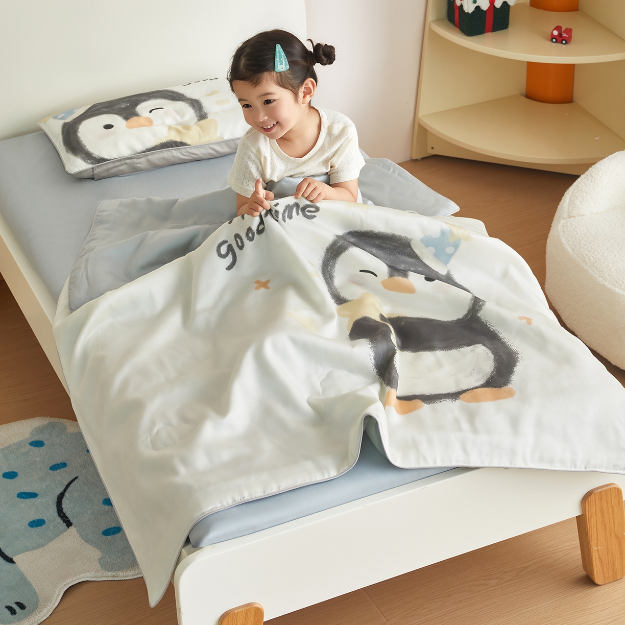 91家纺网 家纺一手货源 找家纺 荷马之梦 2026新款60s兰精天丝原创数码印花山茶花桑蚕丝儿童夏被 星星企鹅