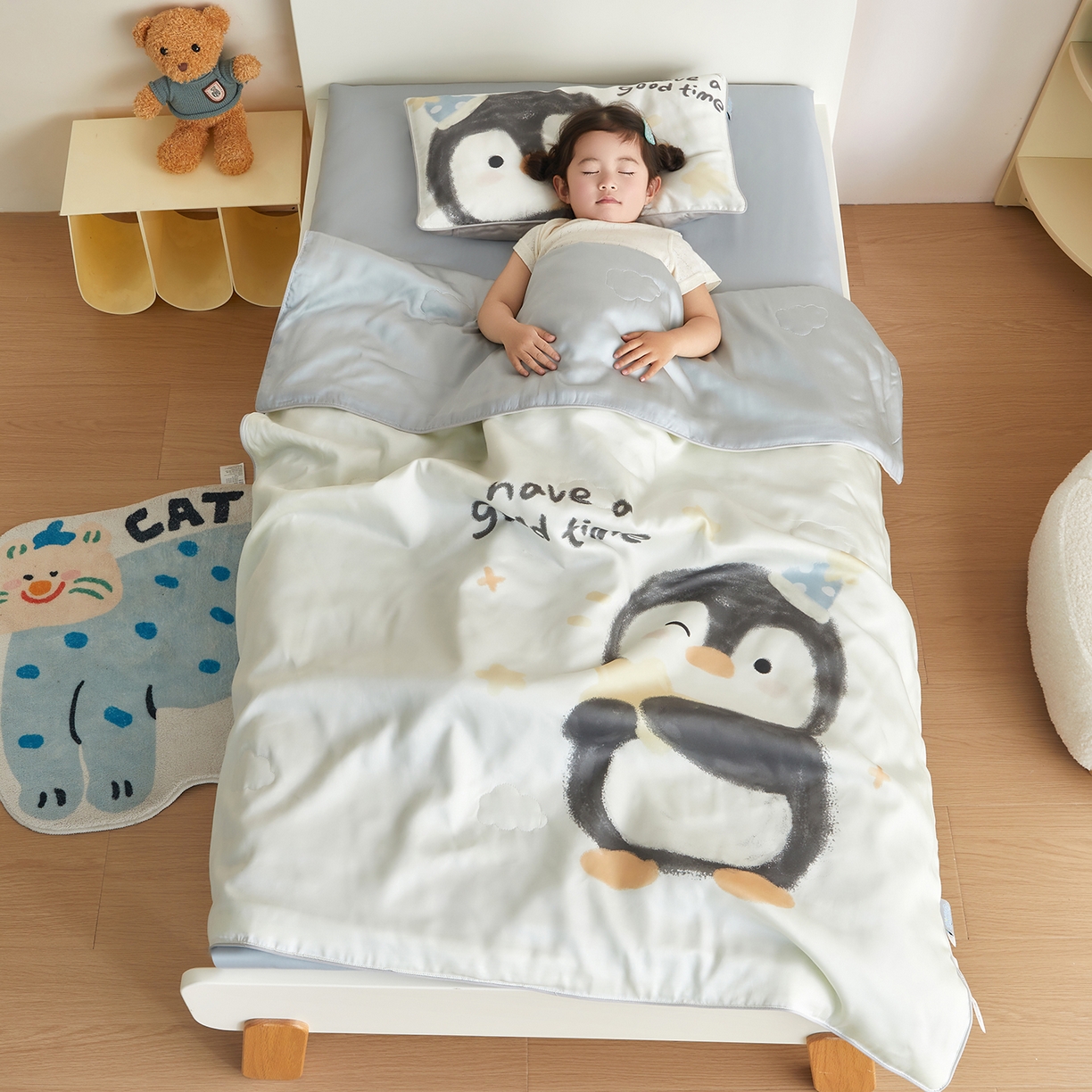 荷马之梦 2026新款60s兰精天丝原创数码印花山茶花桑蚕丝儿童夏被 星星企鹅