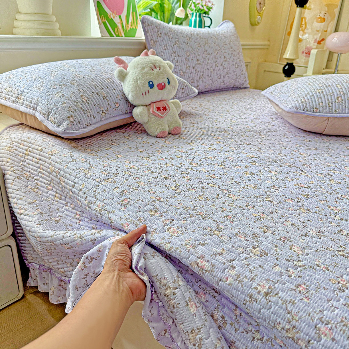 91家纺网 家纺一手货源 找家纺 恒尚居 2026新款云感皱皱纱床盖花边床单双层纱床盖三件套-四季款 花边款-紫腾花