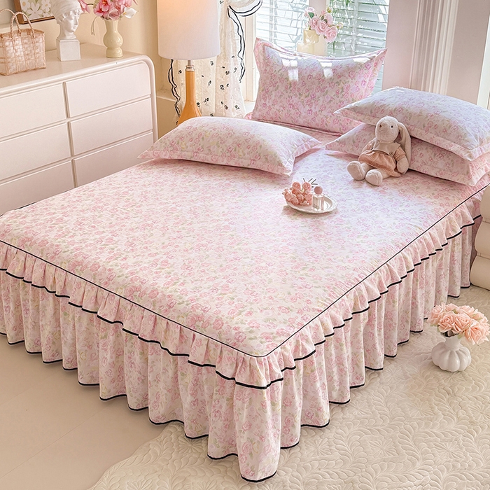 91家纺网 家纺一手货源 找家纺 优家居 2026新款A类水洗棉床裙四件套皱皱纱韩版公主风花边床罩直播爆款外贸定制 欧若拉