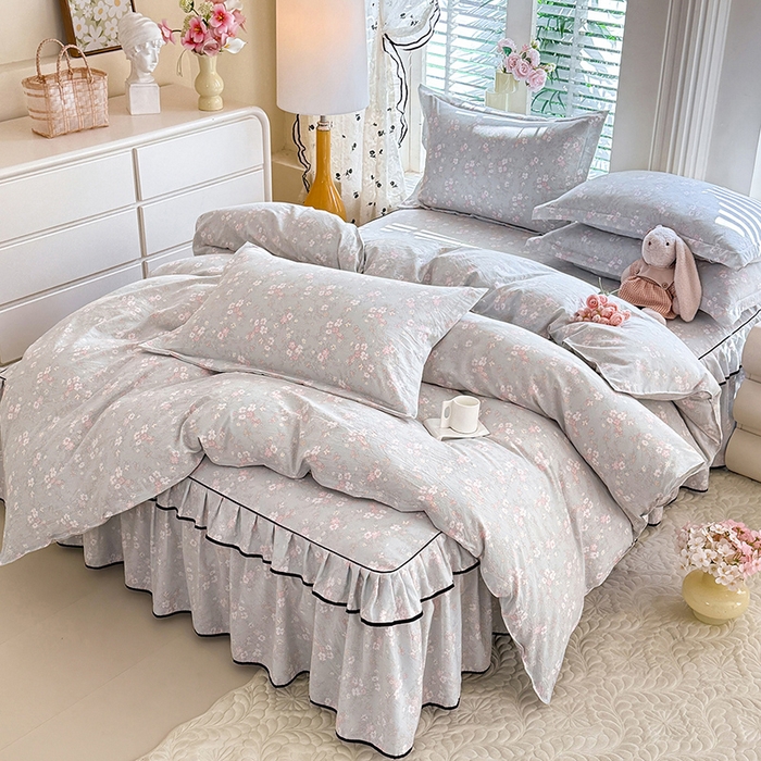 优家居 2026新款A类水洗棉床裙四件套皱皱纱韩版公主风花边床罩直播爆款外贸定制 小苍蓝