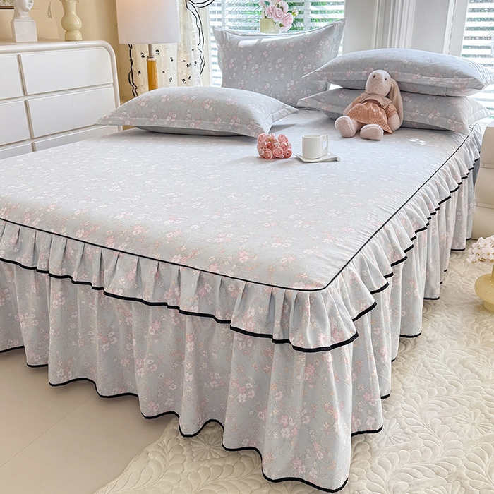 91家纺网 家纺一手货源 找家纺 优家居 2026新款A类水洗棉床裙四件套皱皱纱韩版公主风花边床罩直播爆款外贸定制 小苍蓝