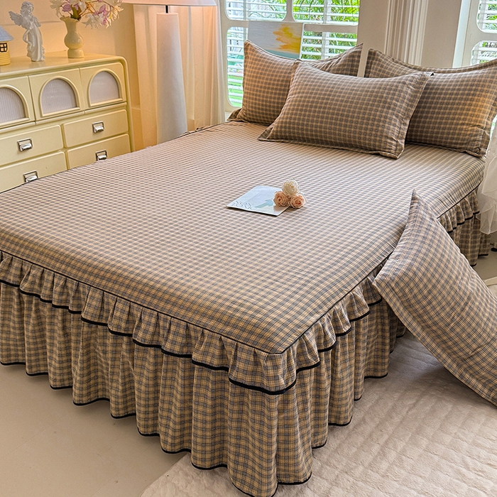 91家纺网 家纺一手货源 找家纺 优家居 2026新款A类水洗棉床裙四件套皱皱纱韩版公主风花边床罩直播爆款外贸定制 巴宝格-咖