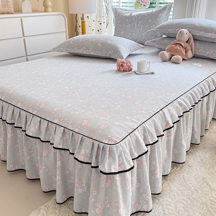 91家纺网 家纺一手货源 找家纺 优家居 2026新款A类水洗棉床裙四件套皱皱纱韩版公主风花边床罩直播爆款外贸定制 小苍蓝