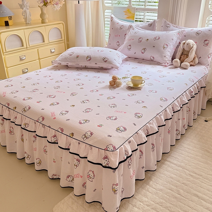 91家纺网 家纺一手货源 找家纺 优家居 2026新款A类水洗棉床裙四件套皱皱纱韩版公主风花边床罩直播爆款外贸定制 粉色猫猫