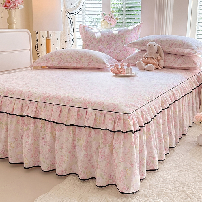 91家纺网 家纺一手货源 找家纺 优家居 2026新款A类水洗棉床裙四件套皱皱纱韩版公主风花边床罩直播爆款外贸定制 欧若拉