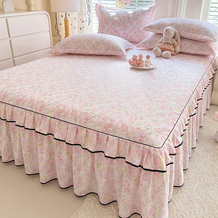 91家纺网 家纺一手货源 找家纺 优家居 2026新款A类水洗棉床裙四件套皱皱纱韩版公主风花边床罩直播爆款外贸定制 欧若拉