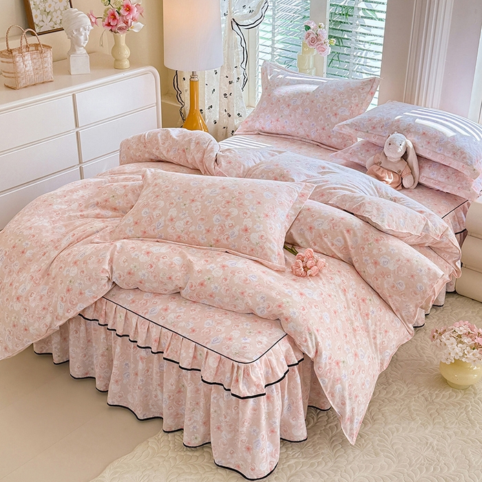 优家居 2026新款A类水洗棉床裙四件套皱皱纱韩版公主风花边床罩直播爆款外贸定制 梦华录