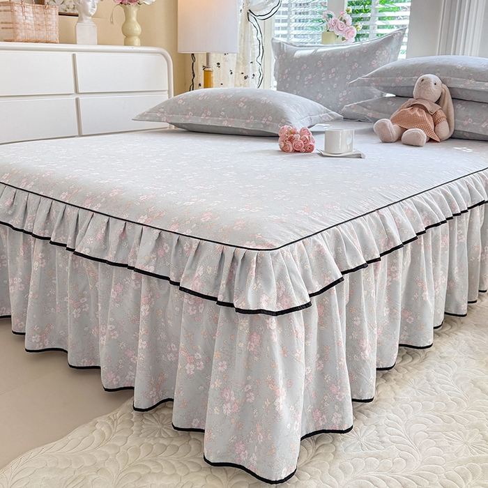 91家纺网 家纺一手货源 找家纺 优家居 2026新款A类水洗棉床裙四件套皱皱纱韩版公主风花边床罩直播爆款外贸定制 小苍蓝