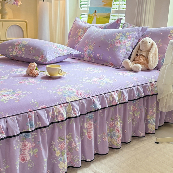 91家纺网 家纺一手货源 找家纺 优家居 2026新款A类水洗棉床裙四件套皱皱纱韩版公主风花边床罩直播爆款外贸定制 秘园絮语