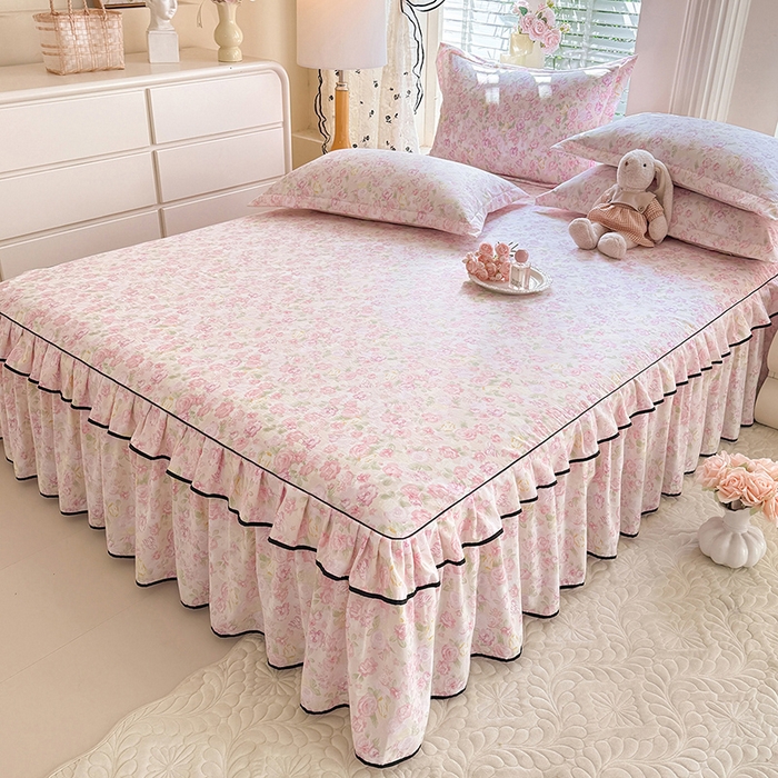 91家纺网 家纺一手货源 找家纺 优家居 2026新款A类水洗棉床裙四件套皱皱纱韩版公主风花边床罩直播爆款外贸定制 欧若拉