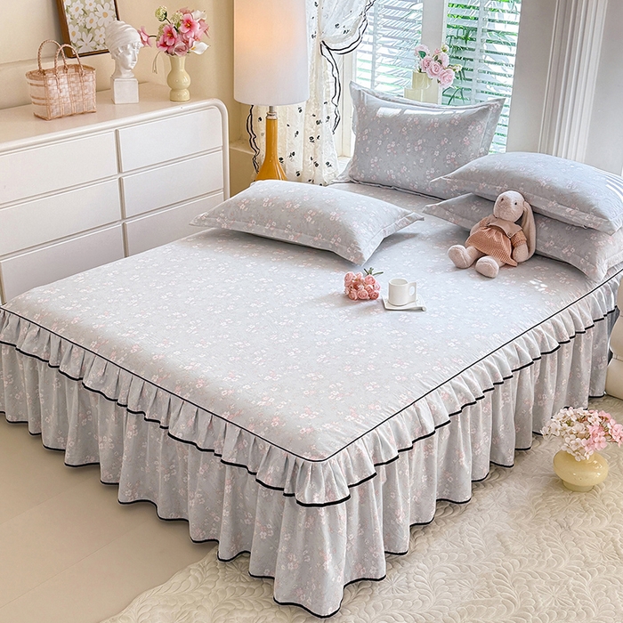 91家纺网 家纺一手货源 找家纺 优家居 2026新款A类水洗棉床裙四件套皱皱纱韩版公主风花边床罩直播爆款外贸定制 小苍蓝