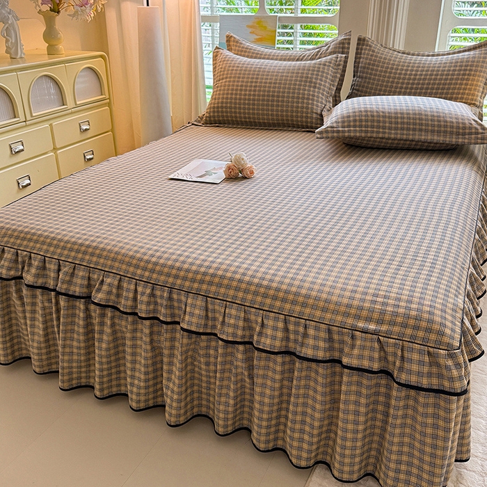 91家纺网 家纺一手货源 找家纺 优家居 2026新款A类水洗棉床裙四件套皱皱纱韩版公主风花边床罩直播爆款外贸定制 巴宝格-咖