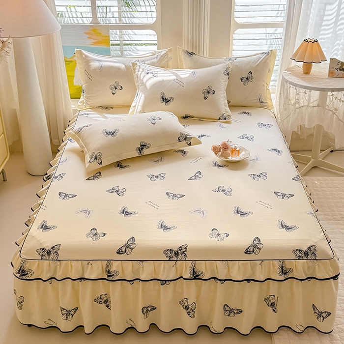 91家纺网 家纺一手货源 找家纺 优家居 2026新款A类水洗棉床裙四件套皱皱纱韩版公主风花边床罩直播爆款外贸定制 蝶舞芳华