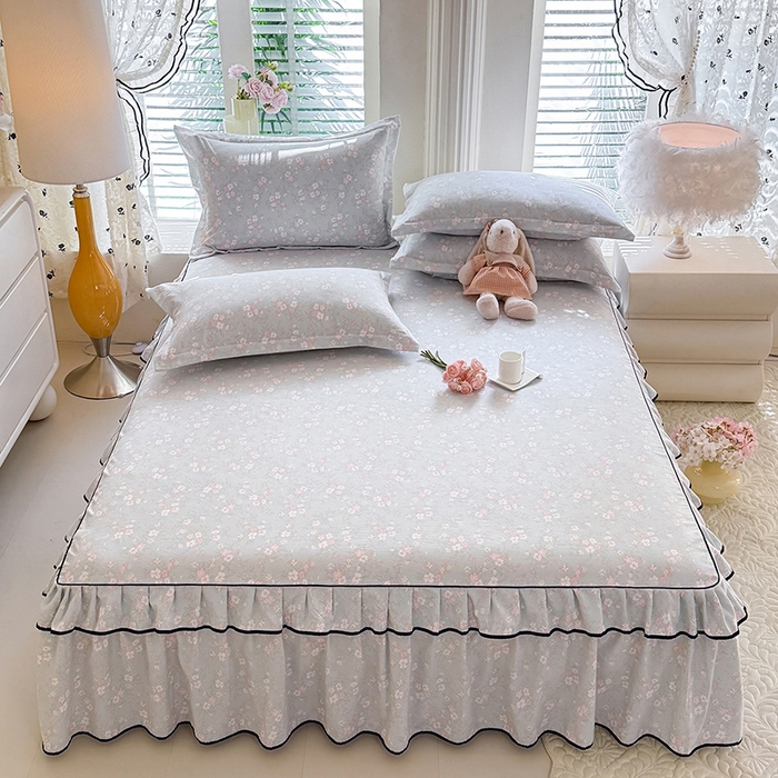 91家纺网 家纺一手货源 找家纺 优家居 2026新款A类水洗棉床裙四件套皱皱纱韩版公主风花边床罩直播爆款外贸定制 小苍蓝