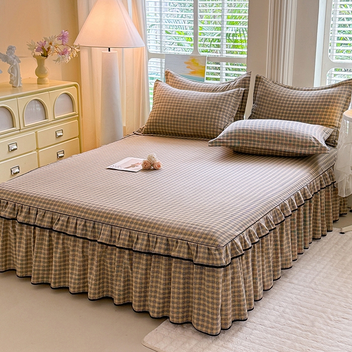 91家纺网 家纺一手货源 找家纺 优家居 2026新款A类水洗棉床裙四件套皱皱纱韩版公主风花边床罩直播爆款外贸定制 巴宝格-咖