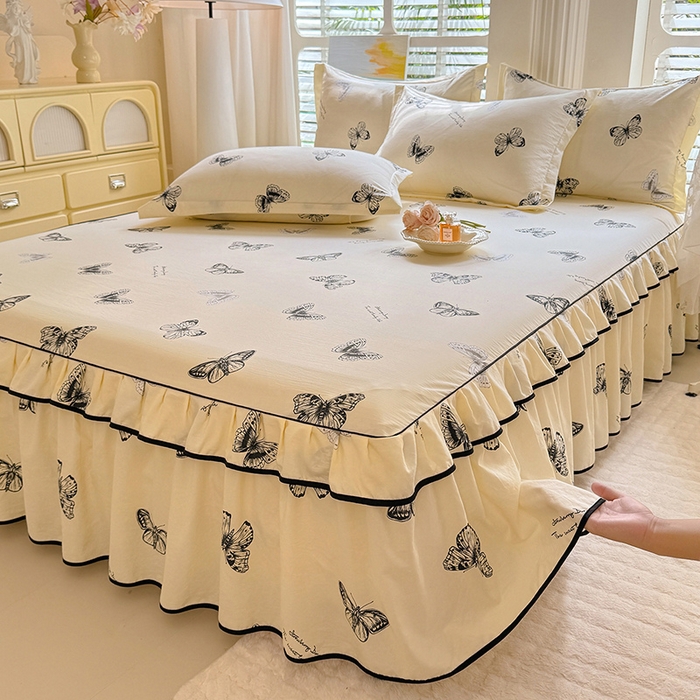 91家纺网 家纺一手货源 找家纺 优家居 2026新款A类水洗棉床裙四件套皱皱纱韩版公主风花边床罩直播爆款外贸定制 蝶舞芳华