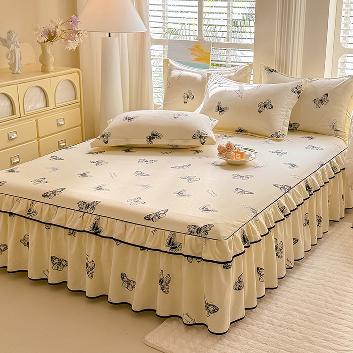 91家纺网 家纺一手货源 找家纺 优家居 2026新款A类水洗棉床裙四件套皱皱纱韩版公主风花边床罩直播爆款外贸定制 蝶舞芳华