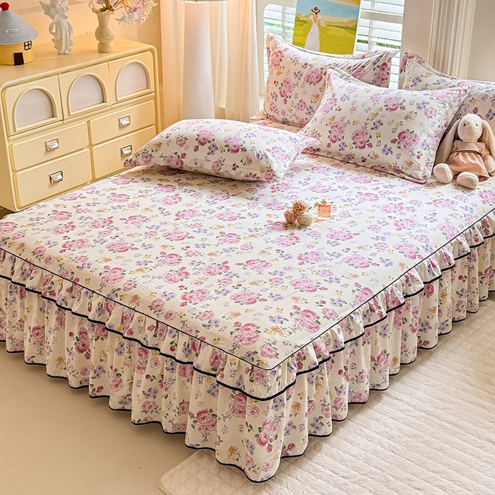 91家纺网 家纺一手货源 找家纺 优家居 2026新款A类水洗棉床裙四件套皱皱纱韩版公主风花边床罩直播爆款外贸定制 紫雾花园