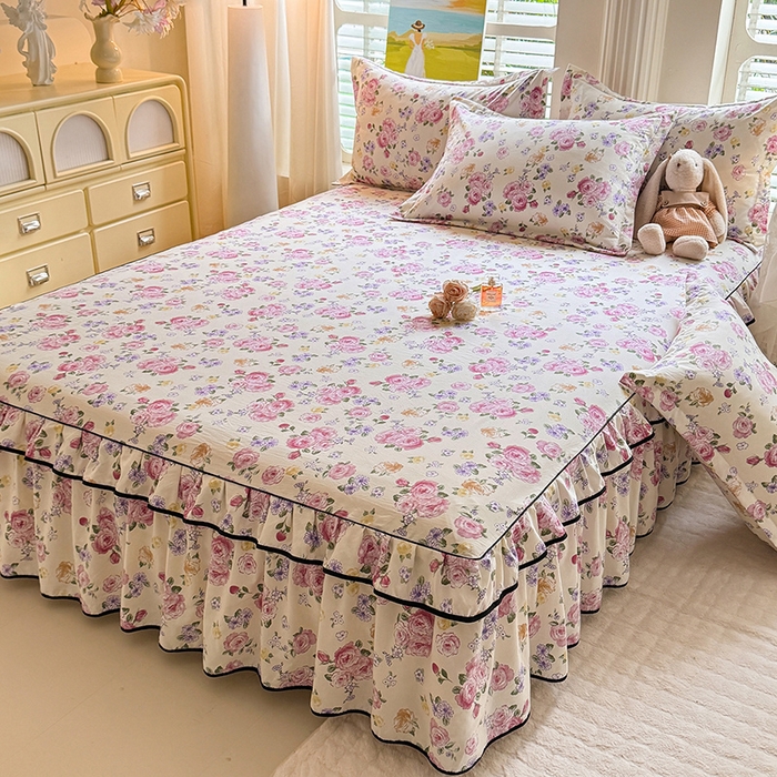 91家纺网 家纺一手货源 找家纺 优家居 2026新款A类水洗棉床裙四件套皱皱纱韩版公主风花边床罩直播爆款外贸定制 紫雾花园