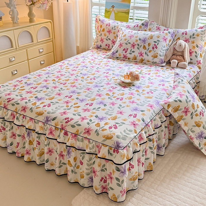 91家纺网 家纺一手货源 找家纺 优家居 2026新款A类水洗棉床裙四件套皱皱纱韩版公主风花边床罩直播爆款外贸定制 繁花似锦