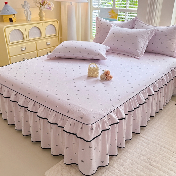 91家纺网 家纺一手货源 找家纺 优家居 2026新款A类水洗棉床裙四件套皱皱纱韩版公主风花边床罩直播爆款外贸定制 粉雾结语