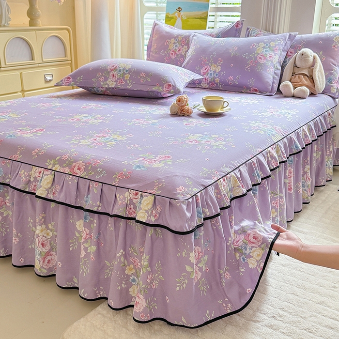 91家纺网 家纺一手货源 找家纺 优家居 2026新款A类水洗棉床裙四件套皱皱纱韩版公主风花边床罩直播爆款外贸定制 秘园絮语