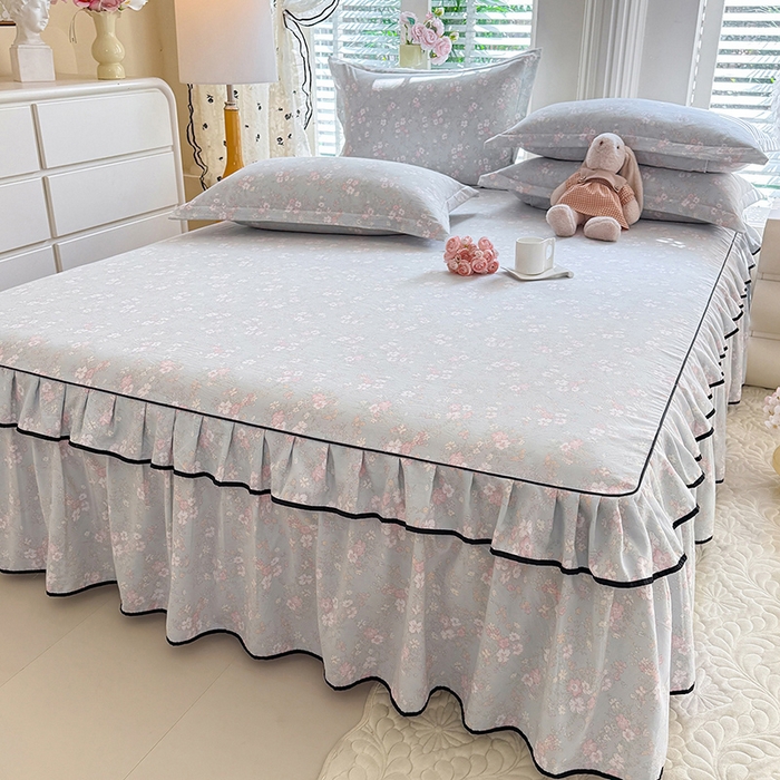 91家纺网 家纺一手货源 找家纺 优家居 2026新款A类水洗棉床裙四件套皱皱纱韩版公主风花边床罩直播爆款外贸定制 小苍蓝