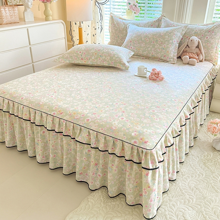 91家纺网 家纺一手货源 找家纺 优家居 2026新款A类水洗棉床裙四件套皱皱纱韩版公主风花边床罩直播爆款外贸定制 海棠花颂