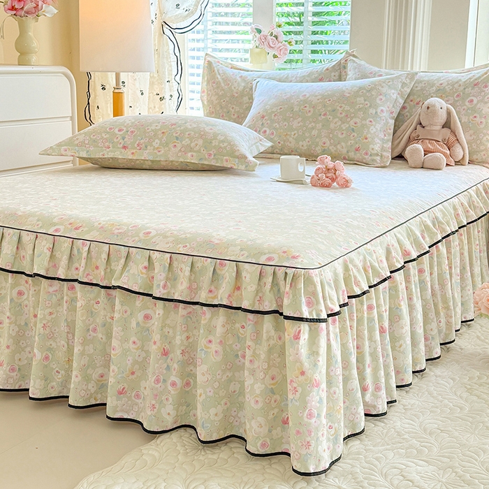 91家纺网 家纺一手货源 找家纺 优家居 2026新款A类水洗棉床裙四件套皱皱纱韩版公主风花边床罩直播爆款外贸定制 海棠花颂