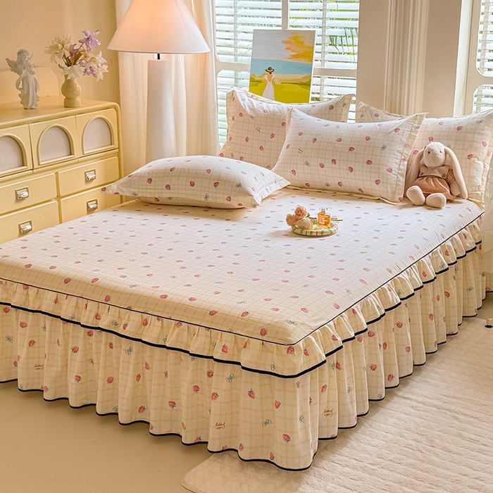 91家纺网 家纺一手货源 找家纺 优家居 2026新款A类水洗棉床裙四件套皱皱纱韩版公主风花边床罩直播爆款外贸定制 莓好时光