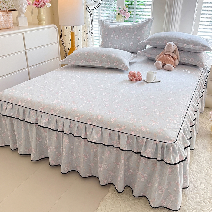 91家纺网 家纺一手货源 找家纺 优家居 2026新款A类水洗棉床裙四件套皱皱纱韩版公主风花边床罩直播爆款外贸定制 小苍蓝