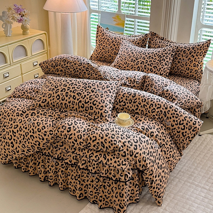 优家居 2026新款A类水洗棉床裙四件套皱皱纱韩版公主风花边床罩直播爆款外贸定制 豹纹-咖