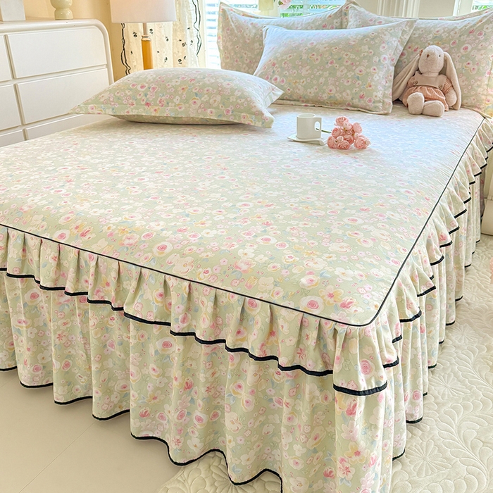 91家纺网 家纺一手货源 找家纺 优家居 2026新款A类水洗棉床裙四件套皱皱纱韩版公主风花边床罩直播爆款外贸定制 海棠花颂