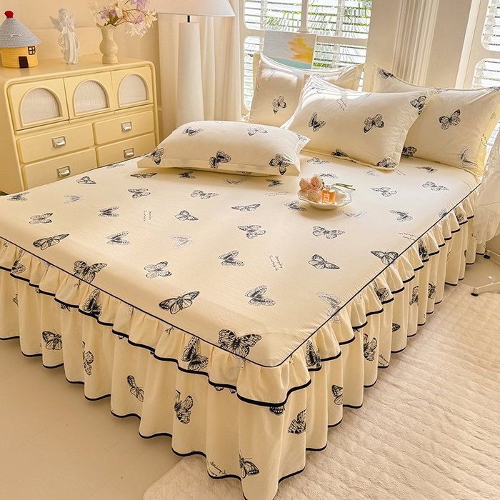 91家纺网 家纺一手货源 找家纺 优家居 2026新款A类水洗棉床裙四件套皱皱纱韩版公主风花边床罩直播爆款外贸定制 蝶舞芳华