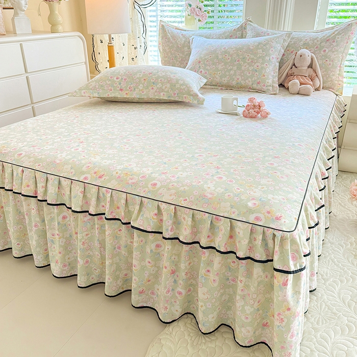 91家纺网 家纺一手货源 找家纺 优家居 2026新款A类水洗棉床裙四件套皱皱纱韩版公主风花边床罩直播爆款外贸定制 海棠花颂