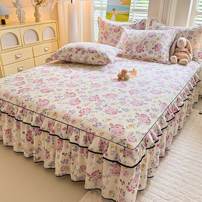 91家纺网 家纺一手货源 找家纺 优家居 2026新款A类水洗棉床裙四件套皱皱纱韩版公主风花边床罩直播爆款外贸定制 紫雾花园