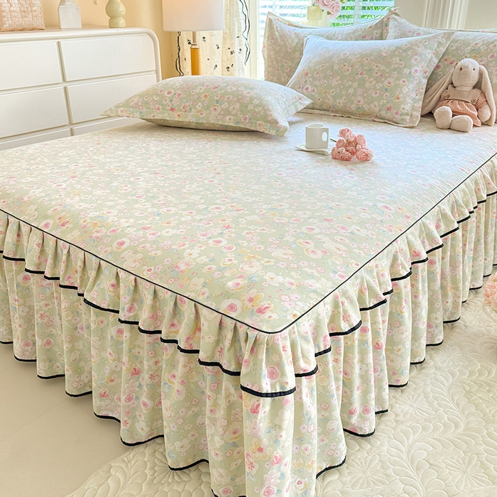 91家纺网 家纺一手货源 找家纺 优家居 2026新款A类水洗棉床裙四件套皱皱纱韩版公主风花边床罩直播爆款外贸定制 海棠花颂