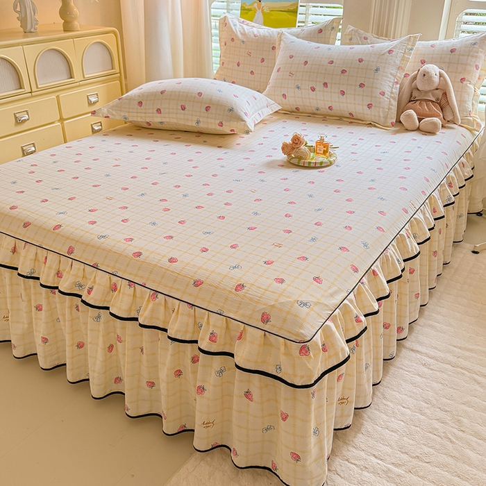 91家纺网 家纺一手货源 找家纺 优家居 2026新款A类水洗棉床裙四件套皱皱纱韩版公主风花边床罩直播爆款外贸定制 莓好时光