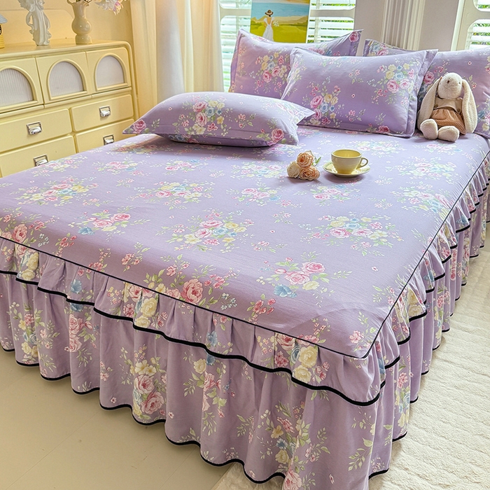 91家纺网 家纺一手货源 找家纺 优家居 2026新款A类水洗棉床裙四件套皱皱纱韩版公主风花边床罩直播爆款外贸定制 秘园絮语