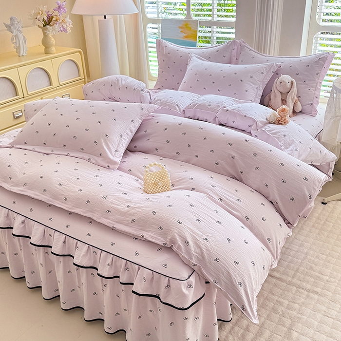 91家纺网 家纺一手货源 找家纺 优家居 2026新款A类水洗棉床裙四件套皱皱纱韩版公主风花边床罩直播爆款外贸定制 粉雾结语