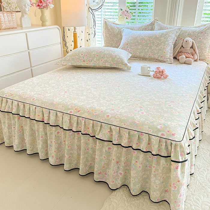 91家纺网 家纺一手货源 找家纺 优家居 2026新款A类水洗棉床裙四件套皱皱纱韩版公主风花边床罩直播爆款外贸定制 海棠花颂