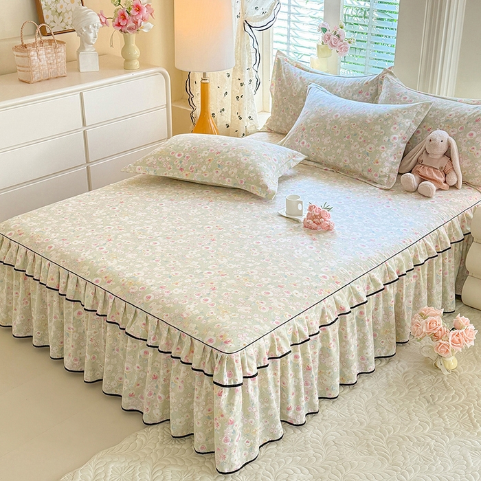 91家纺网 家纺一手货源 找家纺 优家居 2026新款A类水洗棉床裙四件套皱皱纱韩版公主风花边床罩直播爆款外贸定制 海棠花颂