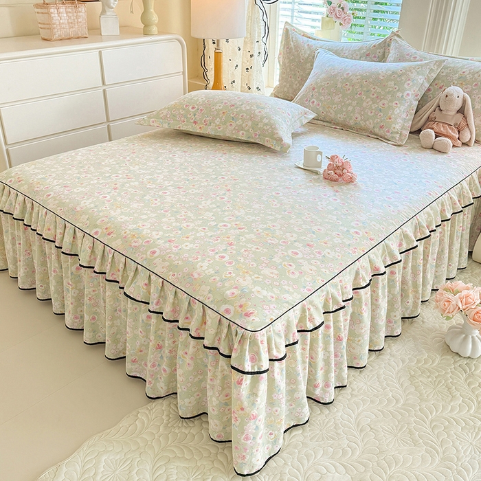 91家纺网 家纺一手货源 找家纺 优家居 2026新款A类水洗棉床裙四件套皱皱纱韩版公主风花边床罩直播爆款外贸定制 海棠花颂