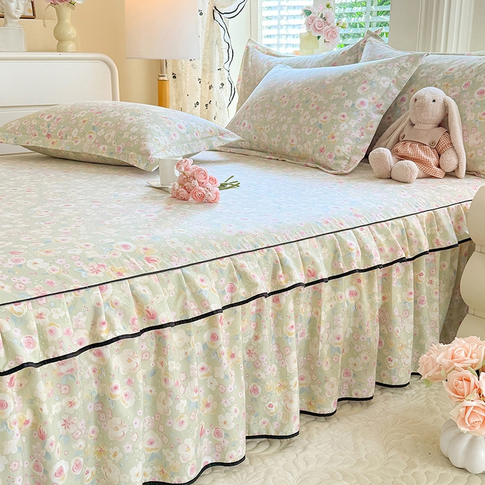 91家纺网 家纺一手货源 找家纺 优家居 2026新款A类水洗棉床裙四件套皱皱纱韩版公主风花边床罩直播爆款外贸定制 海棠花颂