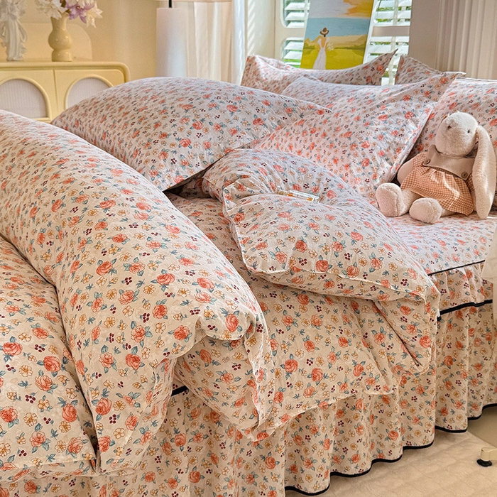 91家纺网 家纺一手货源 找家纺 优家居 2026新款A类水洗棉床裙四件套皱皱纱韩版公主风花边床罩直播爆款外贸定制 陌上花开